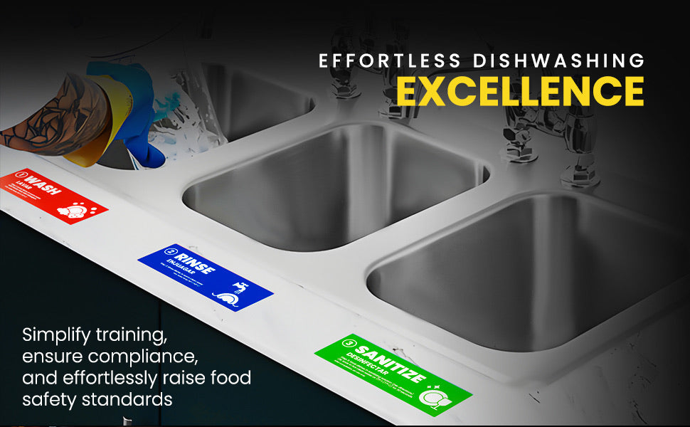 [Enhanced] Wash Rinse Sanitize Signs - Labels | 3 Compartment Sink Labels