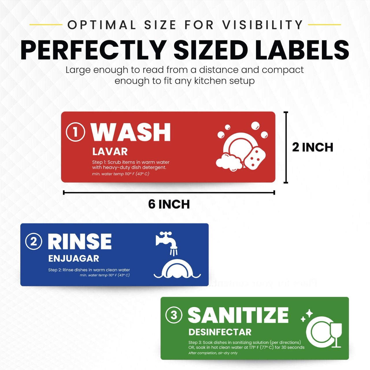 [Enhanced] Wash Rinse Sanitize Signs - Labels | 3 Compartment Sink Labels