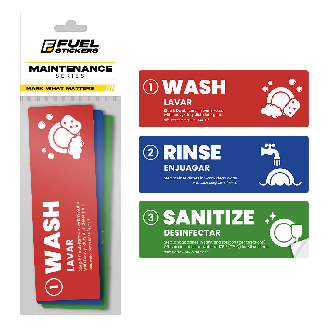 [Enhanced] Wash Rinse Sanitize Signs - Labels | 3 Compartment Sink Labels